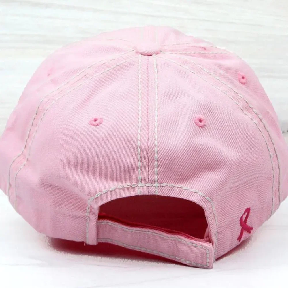 KBETHOS Pink Believe‎ Breast Cancer Ribbon Distressed Baseball Cap Hat NWT